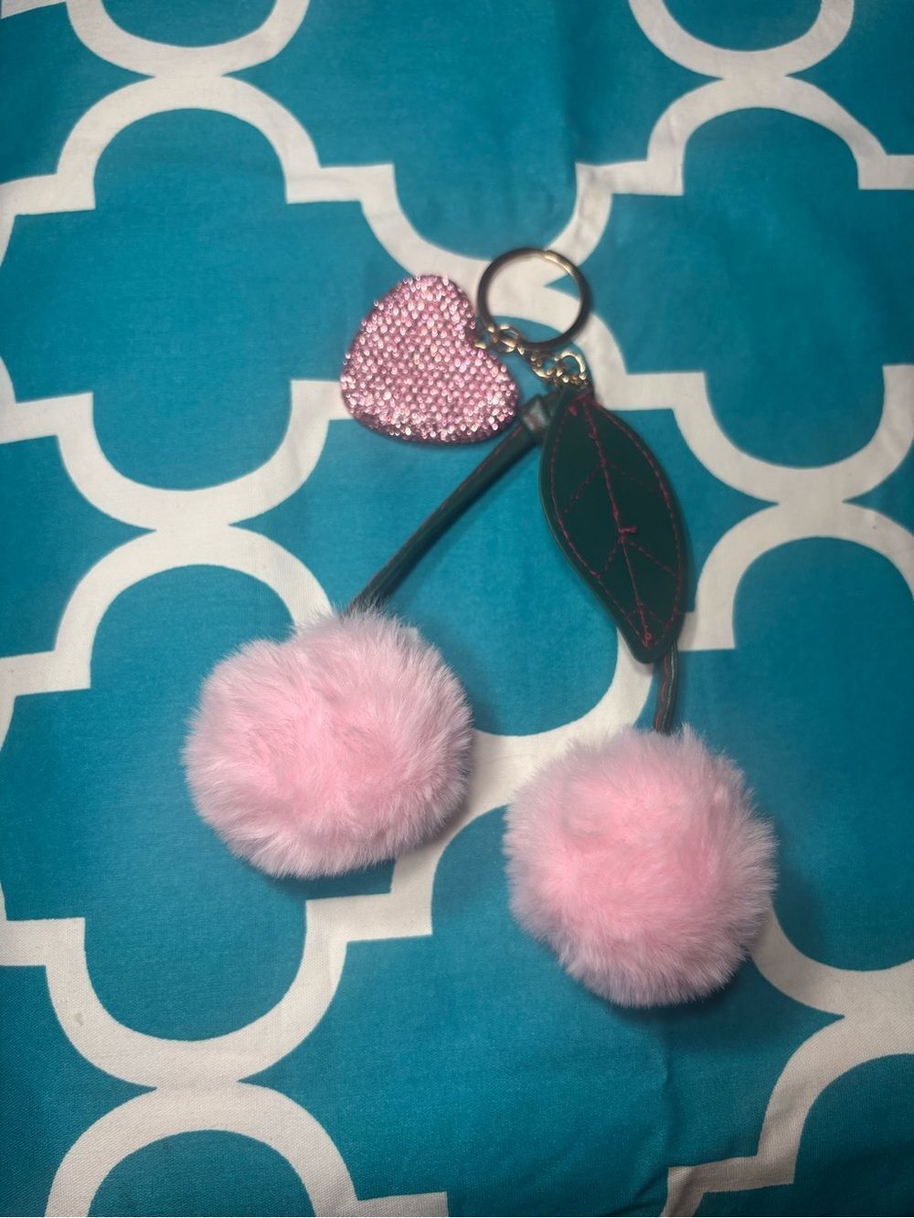 New Cherry Pink Fuzzy Pom Pom Keychain with Heart Bag Charm